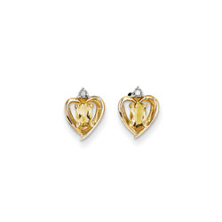 Girls Birthstone Heart Earrings - Genuine Diamond & Citrine Birthstone - 14K Yellow Gold - Push-back posts/