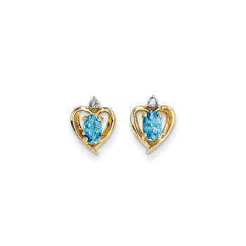 Girls Birthstone Heart Earrings - Genuine Diamond & Blue Topaz Birthstone - 14K Yellow Gold - Push-back posts
