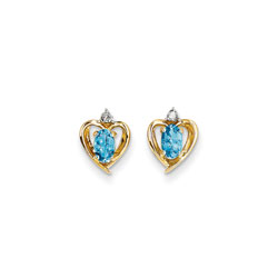 Girls Birthstone Heart Earrings - Genuine Diamond & Blue Topaz Birthstone - 14K Yellow Gold - Push-back posts/