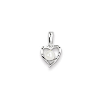 Girls Diamond & Birthstone Heart Necklace - Freshwater Cultured Pearl Birthstone - 14K White Gold - Includes a 16" 14K White Gold Cable Chain - 1.50mm Link Width - (7 - 18 years)