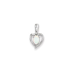 Girls Diamond & Birthstone Heart Necklace - Genuine Opal Birthstone - 14K White Gold - Includes a 16