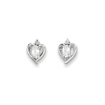 Girls Birthstone Heart Earrings - Genuine Diamond & White Topaz Birthstone - 14K White Gold - Push-back posts