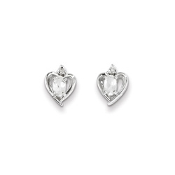 Girls Birthstone Heart Earrings - Genuine Diamond & White Topaz Birthstone - 14K White Gold - Push-back posts/