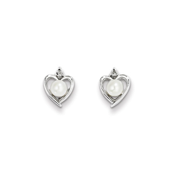 Girls Birthstone Heart Earrings - Genuine Diamond & Freshwater Cultured Pearl Birthstone - 14K White Gold - Push-back posts
