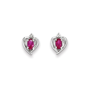 Girls Birthstone Heart Earrings - Genuine Diamond & Ruby Birthstone - 14K White Gold - Push-back posts