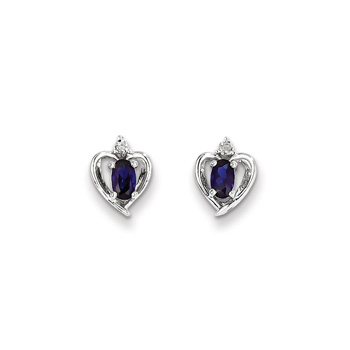 Girls Birthstone Heart Earrings - Genuine Diamond & Blue Sapphire Birthstone - 14K White Gold - Push-back posts