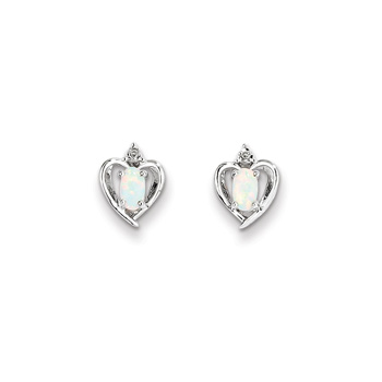 Girls Birthstone Heart Earrings - Genuine Diamond & Opal Birthstone - 14K White Gold - Push-back posts