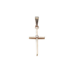 Elegant Christian Cross Necklace for Girls or Baby Boys - .02 TCW Genuine Diamond - 14K Yellow Gold  - Includes 15