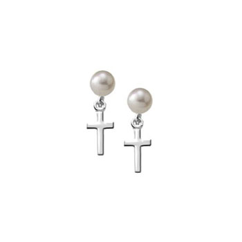 Cross Pearl Dangle Earrings for Girls - Freshwater Cultured Pearl - Sterling Silver Rhodium Screw Back Earrings for Baby Girls - BEST SELLER