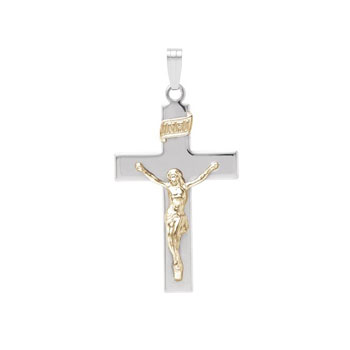 Religious Gifts for Boys - Boys Crucifix Cross Necklace  - Sterling Silver Rhodium with 14K Yellow Gold Overlay Design - Includes 24" Stainless Steel Chain