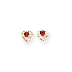 Little Girls Heart Birthstone Earrings - 14K Yellow Gold - Genuine Garnet - Screw Back Posts/