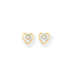 Little Girls Heart Birthstone Earrings - 14K Yellow Gold - Genuine Aquamarine - Screw Back Posts/