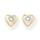 Little Girls Heart Birthstone Earrings - 14K Yellow Gold - Genuine Aquamarine - Screw Back Posts