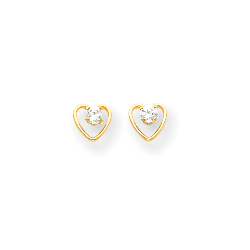 Little Girls Heart Birthstone Earrings - 14K Yellow Gold - Genuine White Zircon - Screw Back Posts/