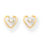 Little Girls Heart Birthstone Earrings - 14K Yellow Gold - Genuine White Zircon - Screw Back Posts