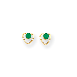 Little Girls Heart Birthstone Earrings - 14K Yellow Gold - Genuine Emerald - Screw Back Posts/