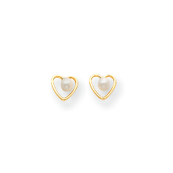 Little Girls Heart Birthstone Earrings - 14K Yellow Gold - Freshwater Cultured Pearl - Screw Back Posts/