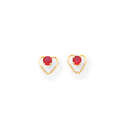 Little Girls Heart Birthstone Earrings - 14K Yellow Gold - Genuine Ruby - Screw Back Posts/