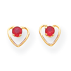 Little Girls Heart Birthstone Earrings - 14K Yellow Gold - Genuine Ruby - Screw Back Posts