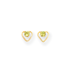 Little Girls Heart Birthstone Earrings - 14K Yellow Gold - Genuine Peridot - Screw Back Posts/