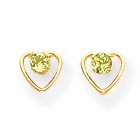 Little Girls Heart Birthstone Earrings - 14K Yellow Gold - Genuine Peridot - Screw Back Posts