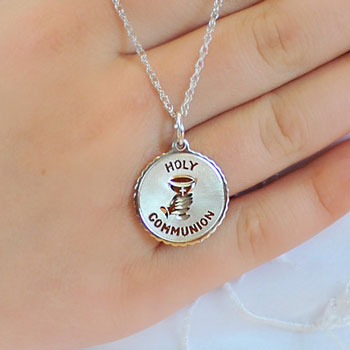 Holy Communion Pendant Necklace for Girls - Sterling Silver Rhodium - 18-inch sterling silver rhodium chain included - Engravable - BEST SELLER