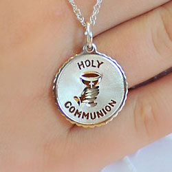 Holy Communion Pendant Necklace for Girls - Sterling Silver Rhodium - 18-inch sterling silver rhodium chain included - Engravable - BEST SELLER/