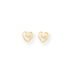 Little Girls Heart Birthstone Earrings - 14K Yellow Gold - Genuine Opal - Screw Back Posts/