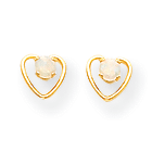 Little Girls Heart Birthstone Earrings - 14K Yellow Gold - Genuine Opal - Screw Back Posts
