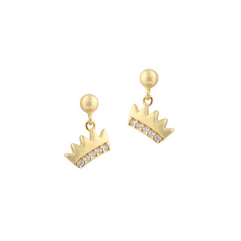 Tiara Crown Cubic Zirconia (CZ) Earrings for Girls - 14K Yellow Gold - push-back posts
