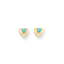 Little Girls Heart Birthstone Earrings - 14K Yellow Gold - Genuine Blue Zircon - Screw Back Posts/