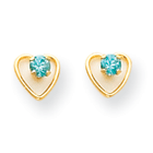 Little Girls Heart Birthstone Earrings - 14K Yellow Gold - Genuine Blue Zircon - Screw Back Posts