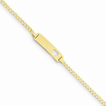Adorable Kids Heart Engravable ID Bracelet - Solid 14K Yellow Gold - Curb Link - Personalized Girls Child ID Bracelet - Size 6" (SM Child - 13 years)