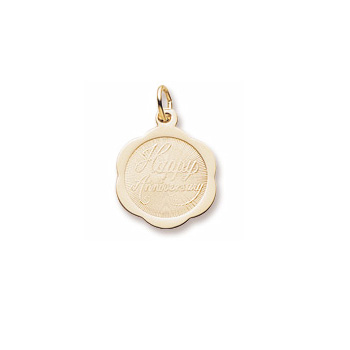 Happy Anniversary – Ornate Small Round Charm 10K Yellow Gold - Engravable on Back - Add to a bracelet or necklace/