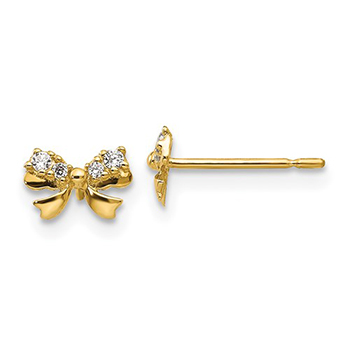 Adorable Tiny Bow CZ Gold Earrings for Little Girls - 14K Yellow Gold - Push-Back Posts - BEST SELLER