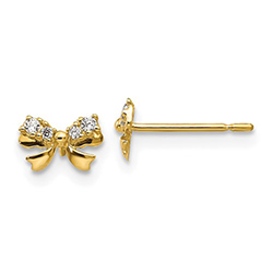 Adorable Tiny Bow CZ Gold Earrings for Little Girls - 14K Yellow Gold - Push-Back Posts - BEST SELLER/