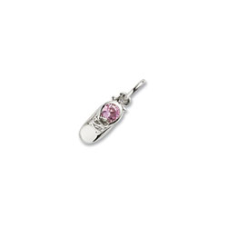 Rembrandt 14K White Gold Baby Shoe Charm - Synthetic Pink Tourmaline October Birthstone – Engravable on back - Add to a bracelet or necklace/