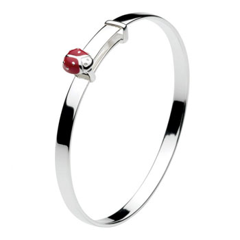 Red Ladybug Sterling Silver Rhodium Bangle Bracelet for Girls - Size 5.25" expandable to 6.0" - Baby to Teen