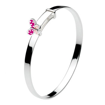 Pink Butterfly Sterling Silver Rhodium Bangle Bracelet for Girls - Size 5.25" expandable to 6.0" - Baby to Teen