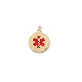 Medical Alert with Red Enamel - Medium Round 10K Yellow Gold Rembrandt Charm – Engravable on back - Add to a bracelet or necklace - BEST SELLER