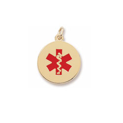 Medical Alert with Red Enamel - Medium Round 10K Yellow Gold Rembrandt Charm – Engravable on back - Add to a bracelet or necklace - BEST SELLER/