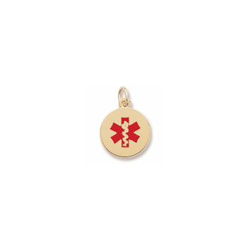 Medical Alert with Red Enamel - Small Round 10K Yellow Gold Rembrandt Charm – Engravable on back - Add to a bracelet or necklace - BEST SELLER