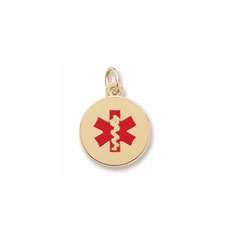 Medical Alert with Red Enamel - Small Round 10K Yellow Gold Rembrandt Charm – Engravable on back - Add to a bracelet or necklace - BEST SELLER/