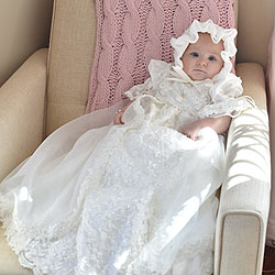 Charlotte Avery - Handmade Heirloom Dupioni Silk Pearl Sequin Christening Gown with Matching Christening Bonnet Set - Size XS (3 - 6 months) - BEST SELLING Baptism Dress/