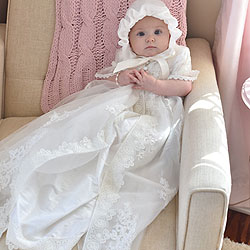 Olivia Harper - Handmade Heirloom Dupioni Silk Pearl and Sequin Christening Gown with Matching Christening Bonnet Set - Size XS (3 - 6 months)/