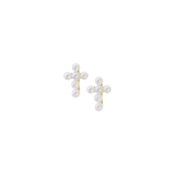 Girls Tiny Pearl Cross Earrings - Freshwater Cultured Pearl - 14K Yellow Gold - Screw Back Earrings for Baby Girls (2mm pearls) - BEST SELLER