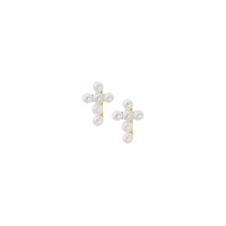 Girls Tiny Pearl Cross Earrings - Freshwater Cultured Pearl - 14K Yellow Gold - Screw Back Earrings for Baby Girls (2mm pearls) - BEST SELLER/