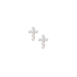 Girls Tiny Pearl Cross Earrings - Freshwater Cultured Pearl - Sterling Silver Rhodium - Screw Back Earrings for Baby Girls (2mm pearls) - BEST SELLER/