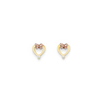 Adorable Heart Butterfly Earrings for Girls - Cubic Zirconia (CZ) - 14K Yellow and Rose Gold - Push-Back Posts - BEST SELLER