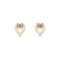 Adorable Heart Butterfly Earrings for Girls - Cubic Zirconia (CZ) - 14K Yellow and Rose Gold - Push-Back Posts - BEST SELLER/